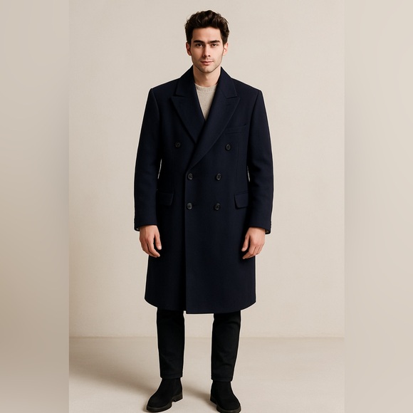Nino Cerruti Navy Blue Double Breasted Cashmere Wool Blend Coat Sz. 44R - Picture 1 of 17